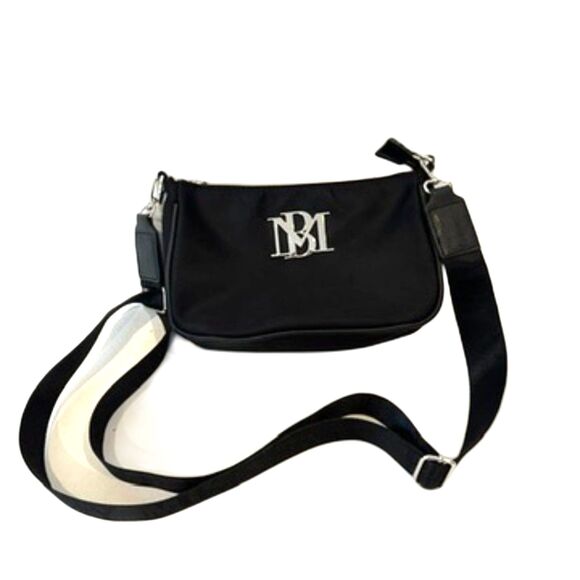Badgley Mishka Black Nylon Bag Crossbody Baguette Top Zip Silver Logo - Picture 1 of 12